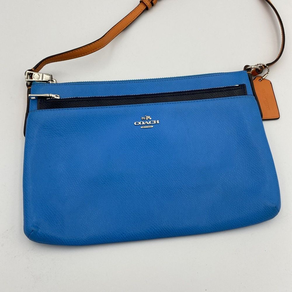 Coach East/West Leather Crossbody Bag With Pop-up Leather Pouch Azure Blue Brown
